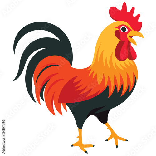 Colorful rooster in a vibrant poultry farming vector illustration, isolated on a white background, ideal for agricultural and animal themed designs.
