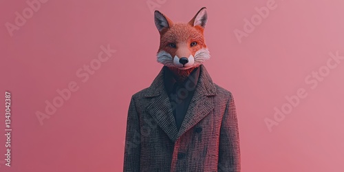 Fox in a Coat: An anthropomorphic fox, stylishly dressed in a tailored coat and sweater, stands against a soft, diffused backdrop, creating a whimsical and surreal portrait.