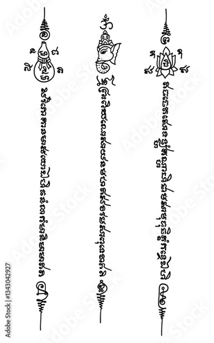 a set of Thai traditional tattoo. Left Yantra: Om, Middle Yantra: Buddha. Right Yantra: Arahan. Thai text translation: meditation, protection, or to invoke specific deities.