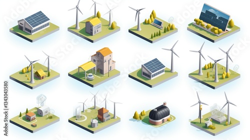 Isometric 3D icons showcasing renewable energy power stations: solar, wind, geothermal, and tidal energy sources on a clean white background