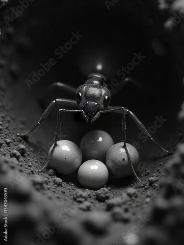 Detailed image of an ant queen in her chamber, surrounded by eggs and worker ants, inside an underground nest with exposed soil photo