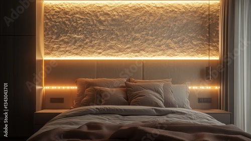 A bedroom with dimmable LED strip lighting installed behind the headboard, casting a warm glow that highlights the textured walls