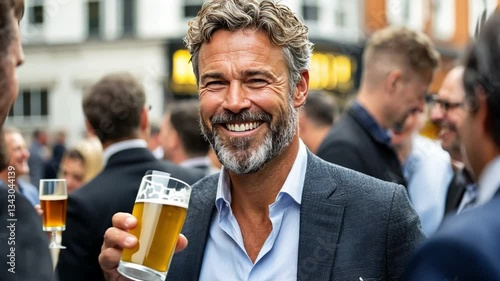 Happy man holding beer at outdoor social gathering with friends