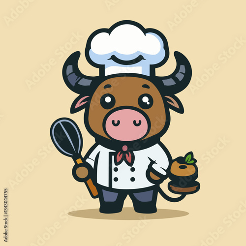 Cute Bull Chef Holding Dessert