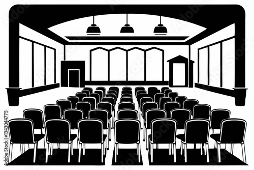 conference hall with chairs line art silhouette vector illustration