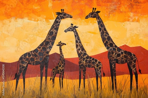 Giraffe Family in African Savanna