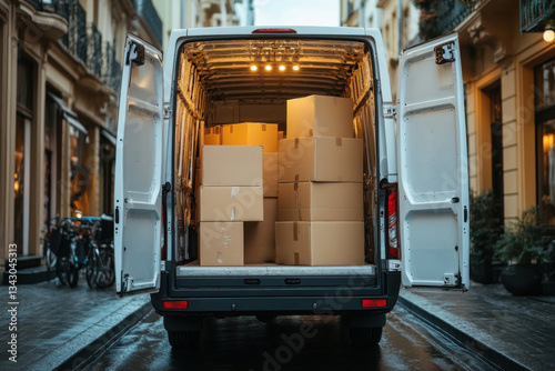 Delivery van open loaded with cardboard boxes parked on street. Building facade in background. Urban scene with bicycle on sidewalk. Transporting goods.