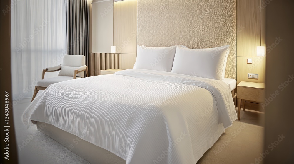 Fototapeta premium A clean and neutral bedroom design with white bedding, a textured beige headboard, and light wooden furniture for a harmonious look