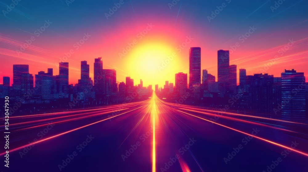 Fototapeta premium Sunrise Cityscape: A Vibrant Dawn over the Metropolis