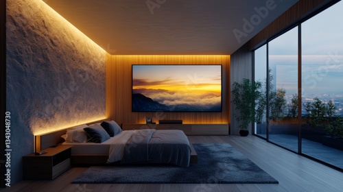 Serene bedroom with a large screen displaying a breathtaking sunset over mountains. Warm lighting creates a cozy atmosphere.