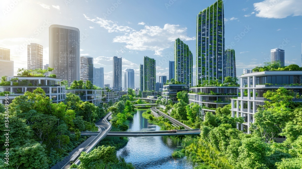 Fototapeta premium A utopian smart city concept featuring green energy skyscrapers, levitating highways, and AI-controlled urban infrastructure.