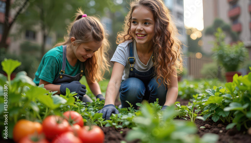 Two girls happily gardening together, surrounded by vibrant vegetables in urban environment, Sustainable Development Goals Social concept.
