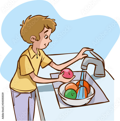Boy washing fruits in the kitchen before eating vector illustration