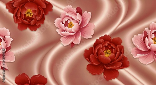 Wallpaper Mural A Seamless Floral Background Featuring Delicate Pink and Red Peony Blossoms, Symbolic of Prosperity, Arranged on a Smooth Silk Fabric With a Subtle Sheen-Gigapixel-Low_Res-Scale-_x Torontodigital.ca