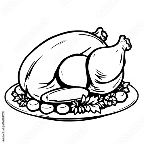 black outline vector of a whole roast chicken on a platter with garnish