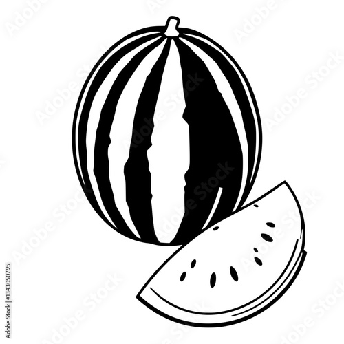 black outline vector of a whole watermelon with a triangular slice beside it