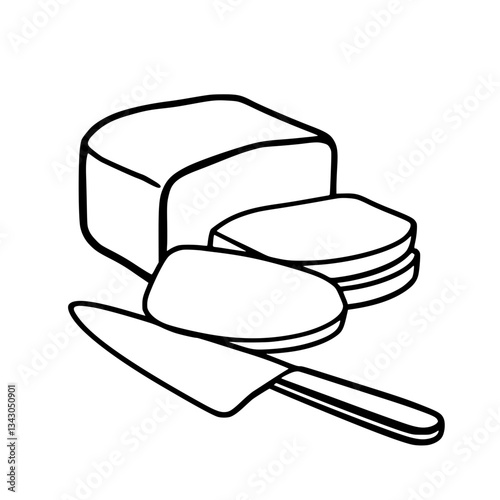black outline vector of a bar of butter with slices cut off and knife beside