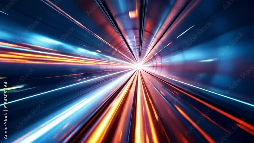 A fast-moving glowing hyperloop of data travels through a sleek metallic tunnel leaving bright trails as it speeds evoking a sense of motion and progress 