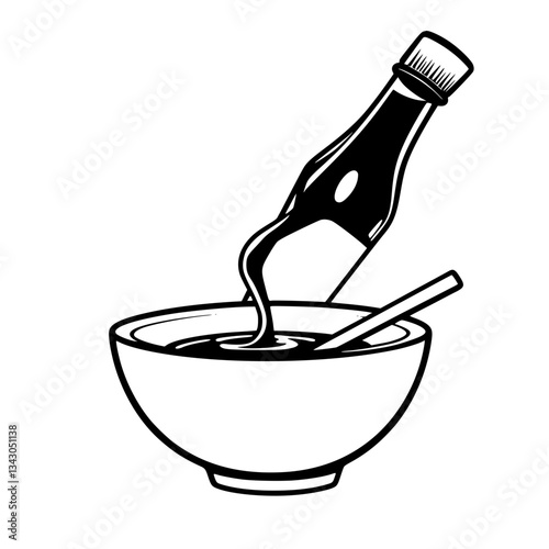 black outline vector of a bottle of soy sauce with a dipping bowl