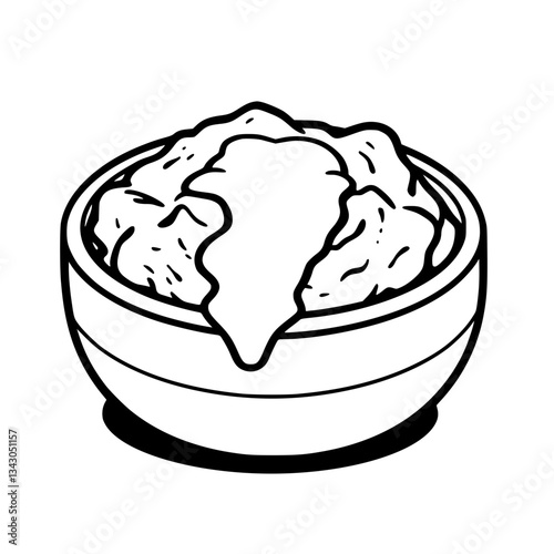black outline vector of a bowl of mashed potatoes with gravy