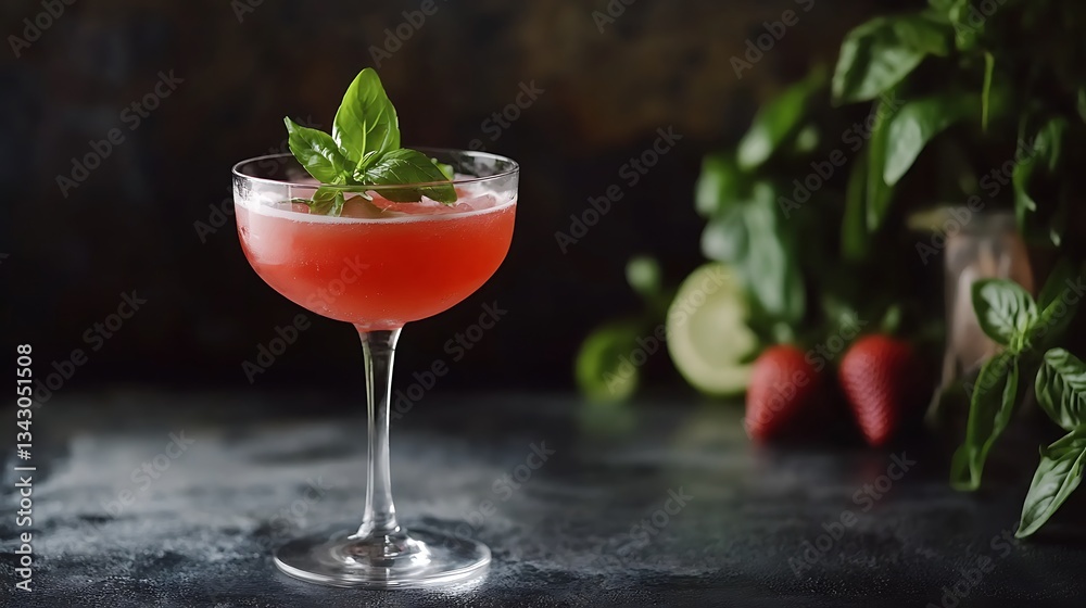 Cold summer strawberry cocktail with lime and basil in a glasses Cold summer strawberry cocktail with lime and basil in a glasses