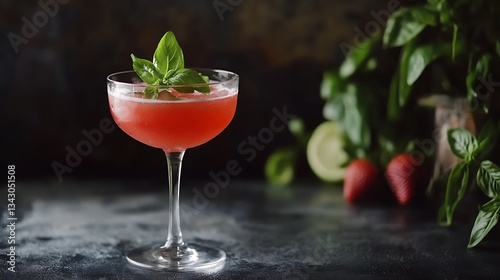 Cold summer strawberry cocktail with lime and basil in a glasses