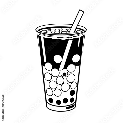 black outline vector of a cup of bubble tea with tapioca pearls and straw