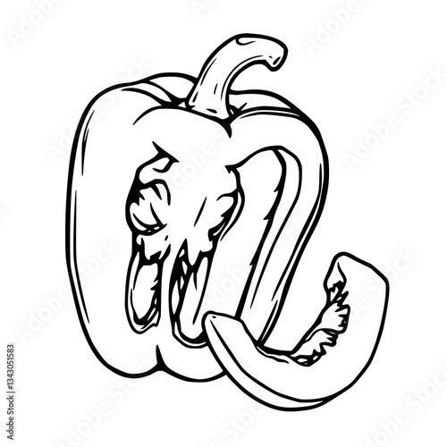 black outline vector of a detailed bell pepper with sliced pieces