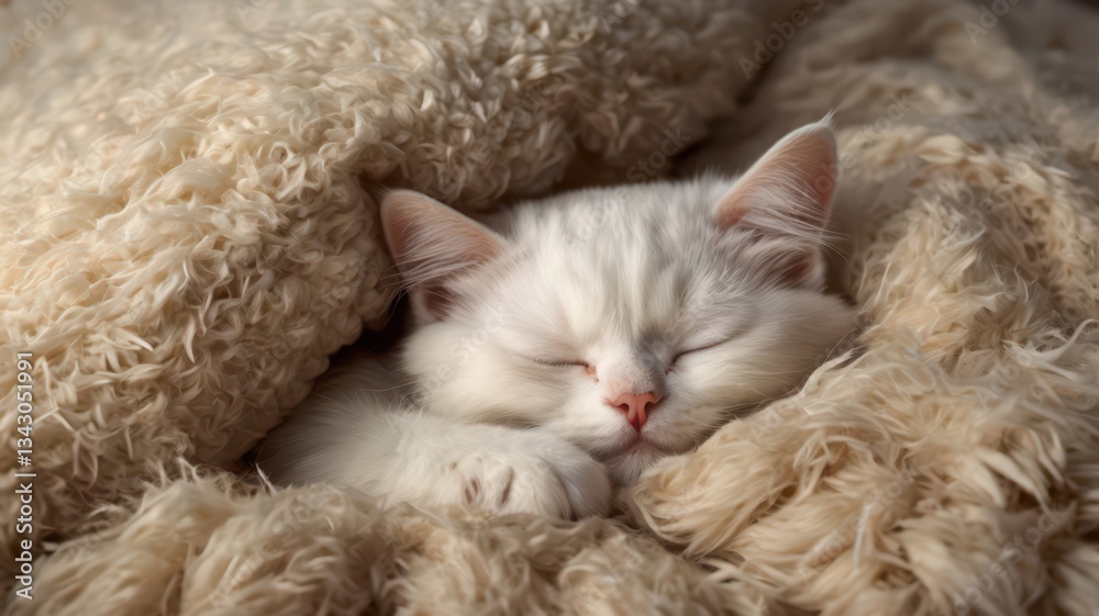 A small white cat sleeping comfortably under a soft beige blanket, nestled between two plush pillows, only its tiny nose and one paw peeking out, warm cozy lighting, ultra-realistic fur textures, peac A small white cat sleeping comfortably under a soft beige blanket, nestled between two plush pillows, only its tiny nose and one paw peeking out, warm cozy lighting, ultra-realistic fur textures, peac
