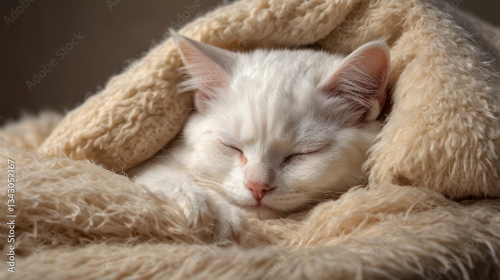 A small white cat sleeping comfortably under a soft beige blanket, nestled between two plush pillows, only its tiny nose and one paw peeking out, warm cozy lighting, ultra-realistic fur textures, peac A small white cat sleeping comfortably under a soft beige blanket, nestled between two plush pillows, only its tiny nose and one paw peeking out, warm cozy lighting, ultra-realistic fur textures, peac