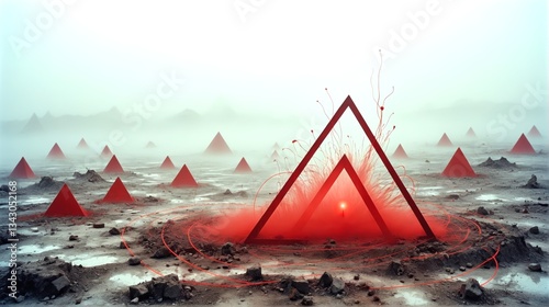 A Surreal Landscape with Geometric Triangles Emerging from Fog. An Abstract Scene of Geometric Triangles in a Fog-Shrouded Landscape. 2