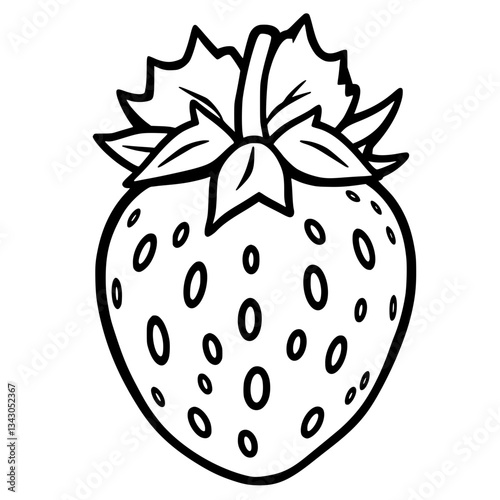 black outline vector of a fresh strawberry with seeds and leafy top