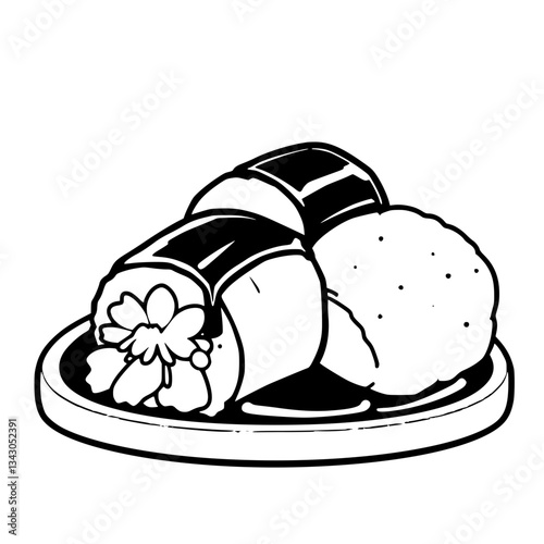 black outline vector of a fresh sushi platter with soy sauce and wasabi