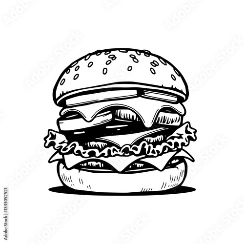 black outline vector of a gourmet cheeseburger with toppings