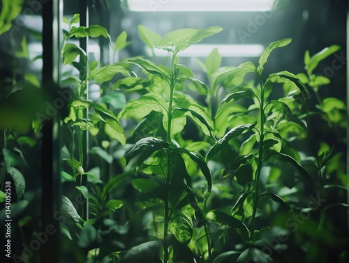 Lush green plants thriving in a well-lit indoor greenhouse, showcasing vibrant foliage and healthy growth, with soft lighting enhancing the verdant atmosphere