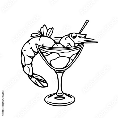 black outline vector of a gourmet shrimp cocktail with dipping sauce