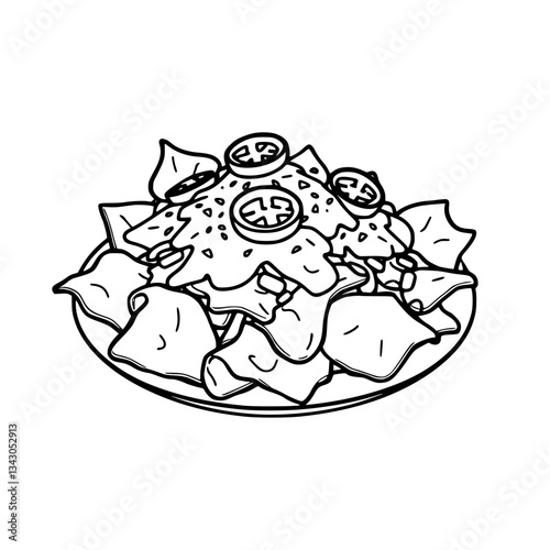 black outline vector of a plate of nachos with cheese and jalapeños