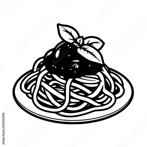 black outline vector of a plate of spaghetti with tomato sauce and basil