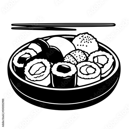 black outline vector of a platter of assorted sushi rolls with chopsticks
