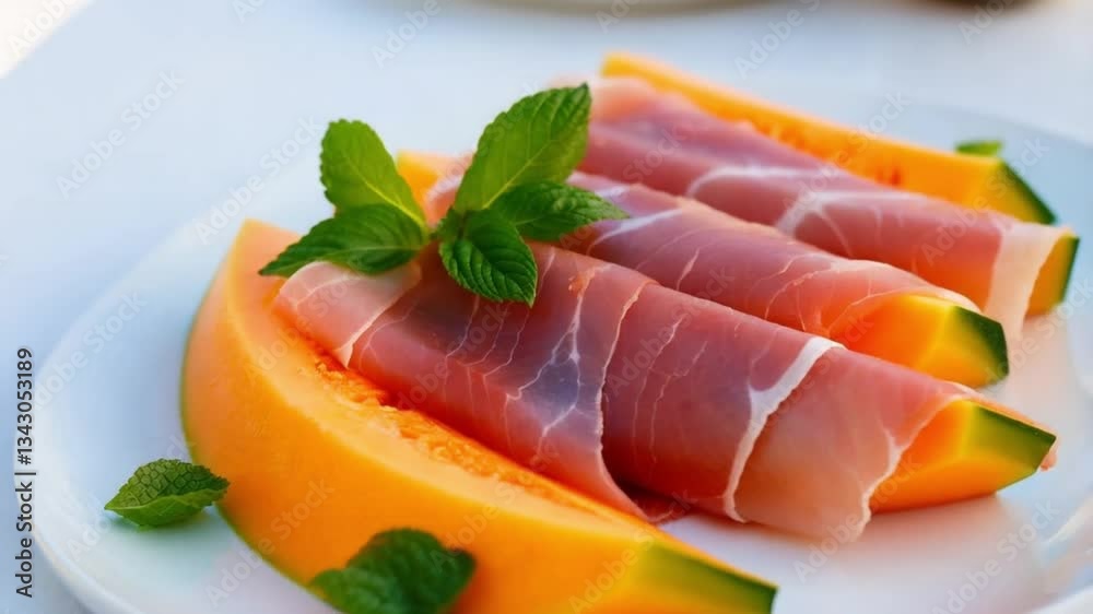 Elegant plate of thinly sliced prosciutto draped over juicy cantaloupe slices, garnished with fresh mint leaves, light summery vibe
Elegant plate of thinly sliced prosciutto draped over juicy cantaloupe slices, garnished with fresh mint leaves, light summery vibe
