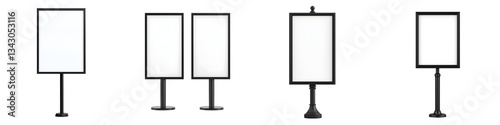 A collection of blank minimalist frames and signage display stands in various sizes and styles suitable for branding advertising and visual communication purposes