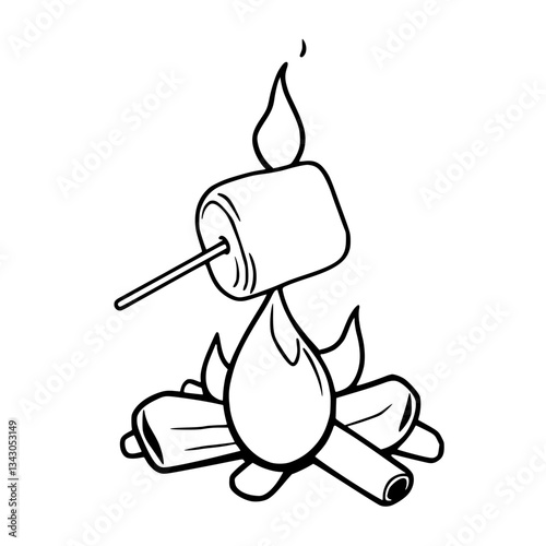 black outline vector of a roasted marshmallow on a stick over a campfire