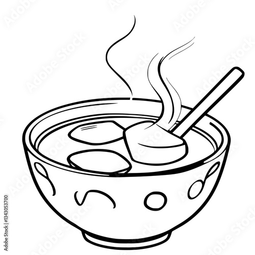 black outline vector of a steaming hot bowl of miso soup with tofu