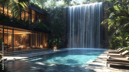 A modern luxury mansion with a waterfall feature flowing into the pool, surrounded by tropical plants and a stone patio with lounge chairs.