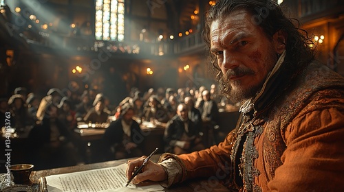 Man in historical attire, writing in a grand hall