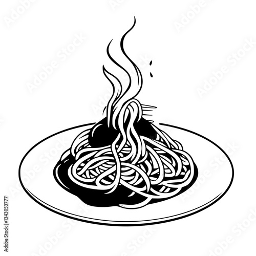 black outline vector of a steaming plate of spaghetti with tomato sauce and fork
