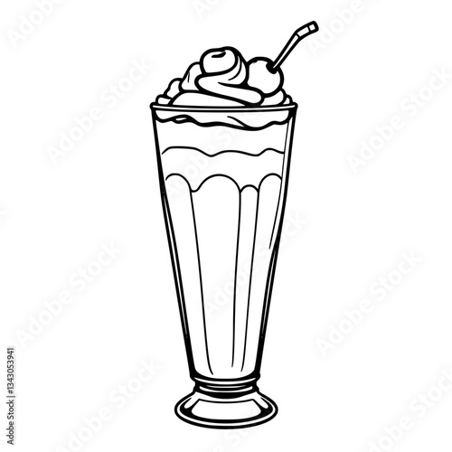 black outline vector of a tall milkshake glass with whipped cream and cherry
