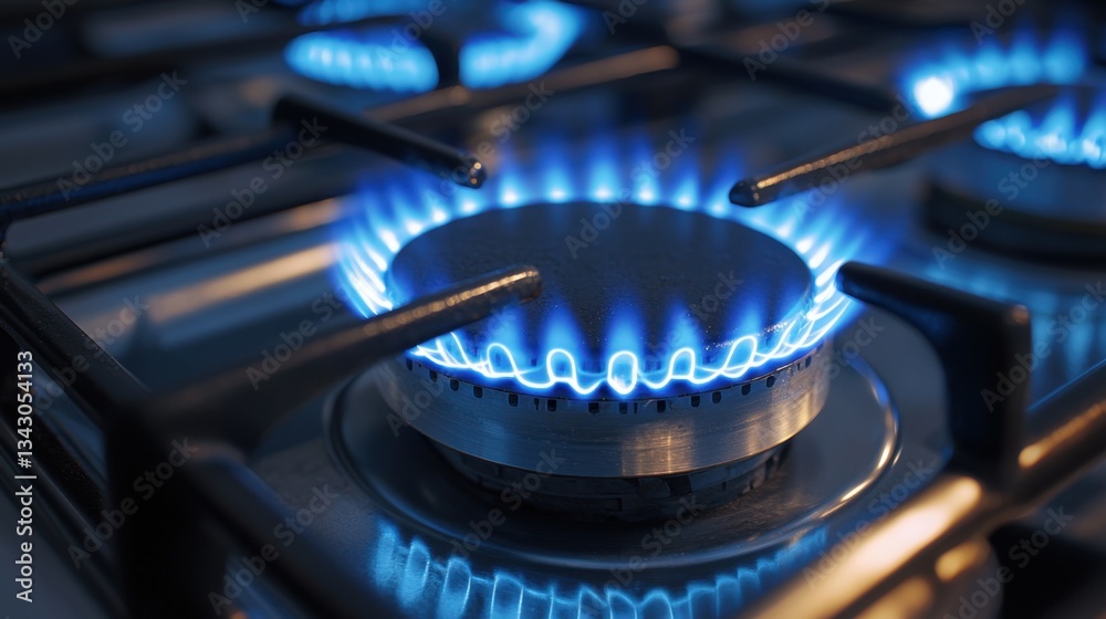 High-resolution shot of a circular blue gas flame on a stovetop, radiating heat and efficiency. High-resolution shot of a circular blue gas flame on a stovetop, radiating heat and efficiency.