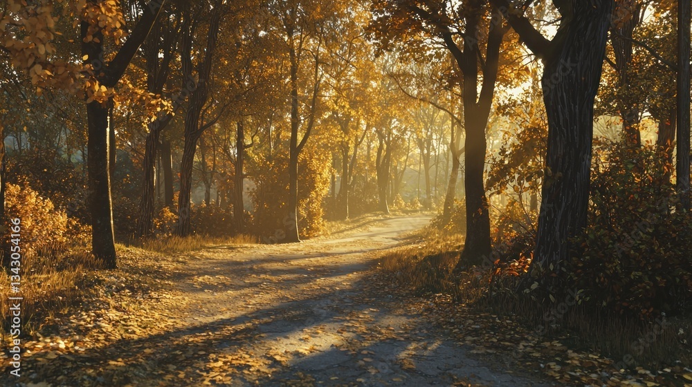 Fototapeta premium Sunlit autumn path through golden forest. (1)