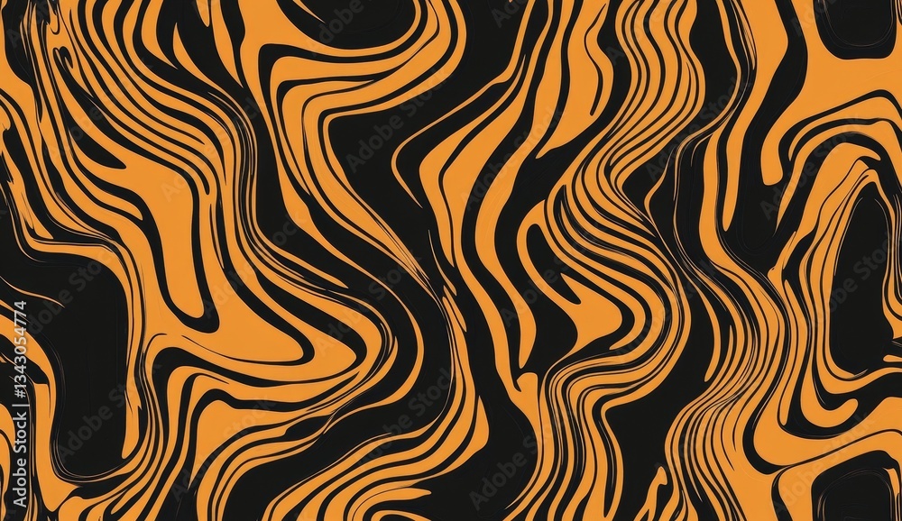 Fototapeta premium Abstract swirling marbled pattern in orange and black. Intricate, flowing lines create a dynamic, visually engaging design. Perfect for backgrounds, textiles, or other design applications